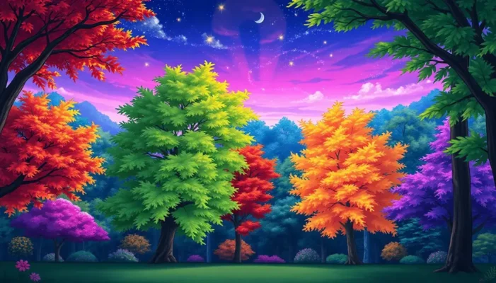 A tranquil anime backyard with colorful trees in a fantasy setting.