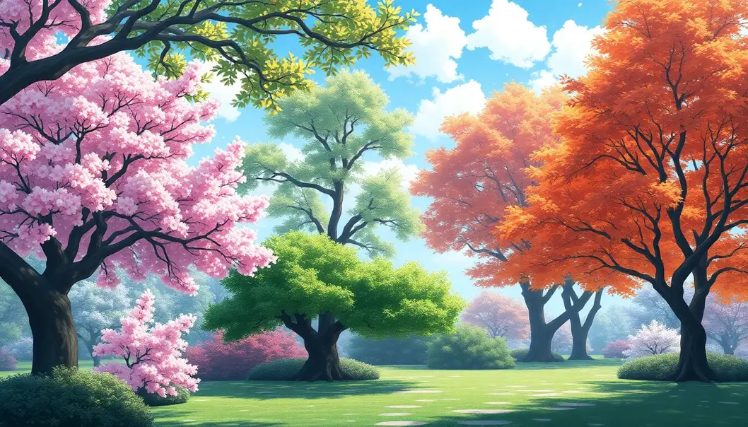 Anime-inspired garden illustrating seasonal changes.