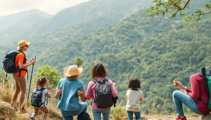 A collage of families enjoying various travel activities.