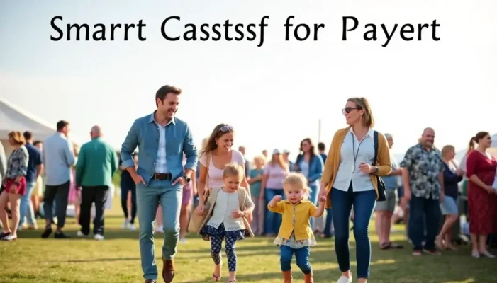 A family scene with parents dressed smart casual, toddlers playing in the background at an outdoor event.