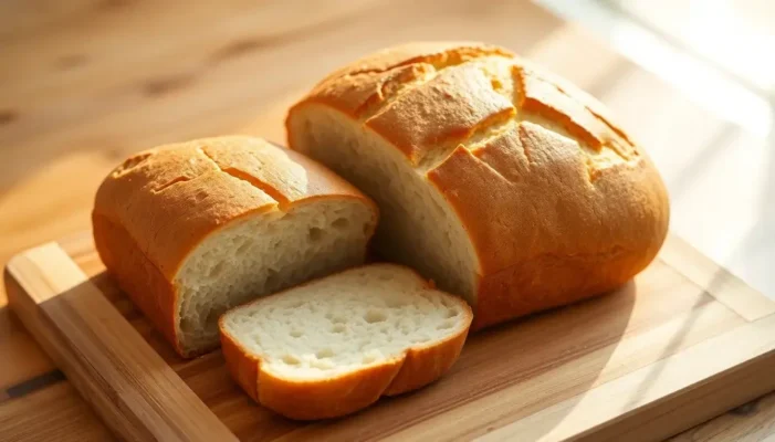 A golden-brown loaf of bread on a cutting board, with a slice cut to show the airy crumb inside.