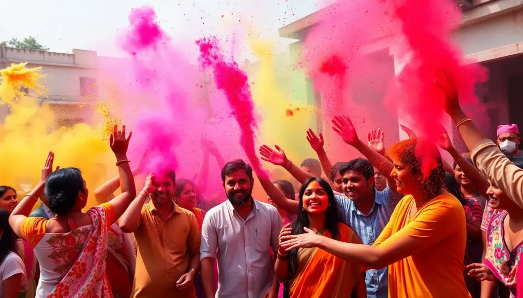 Participants embracing the vivacious spirit of Holi by immersing in colors.