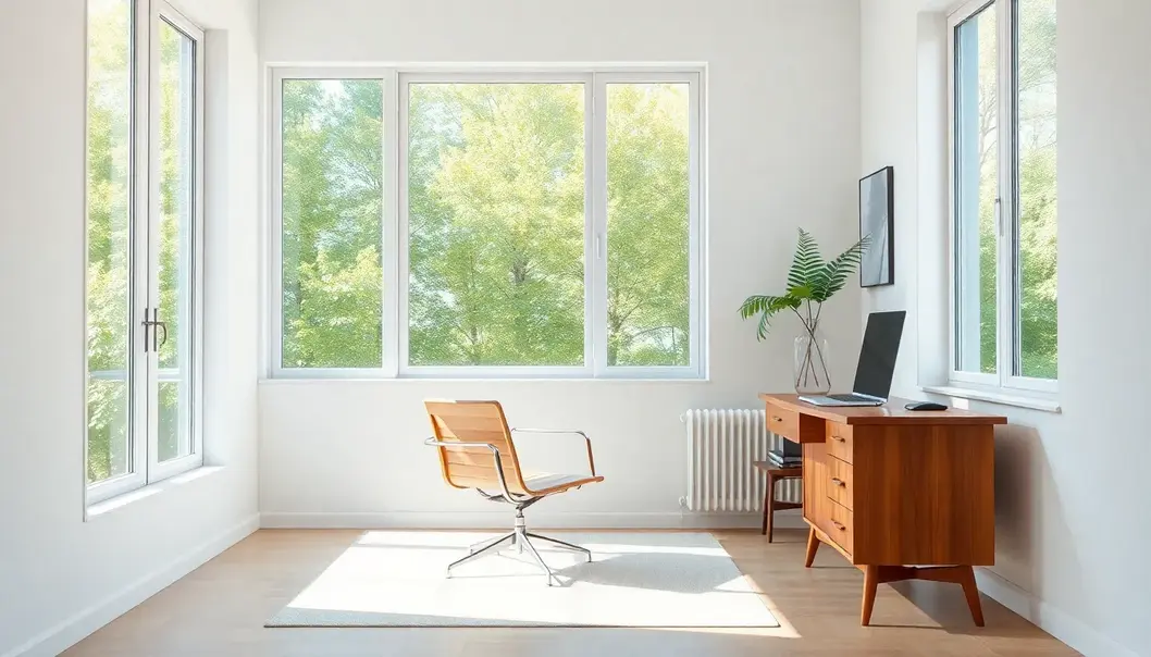 A freelance workspace designed with mid-century modern elements.