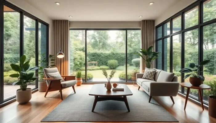 Workspace with mid-century modern furniture, large windows, and garden view.