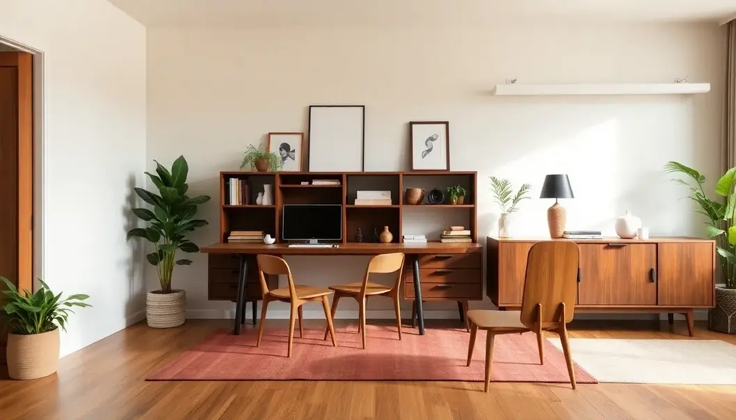A freelance workspace designed with mid-century modern elements.