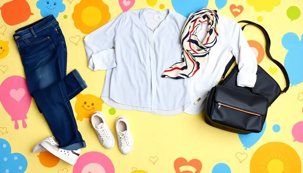 An example of a smart casual outfit balancing style and practicality for parents.