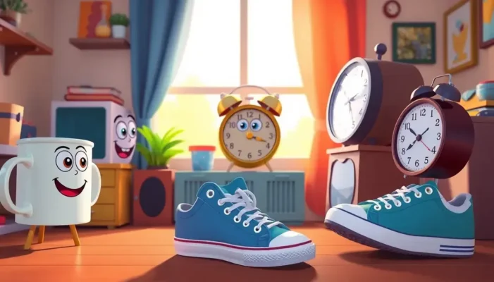 Cartoonish depiction of household items like a mug, sneakers, and clock, animated with faces.