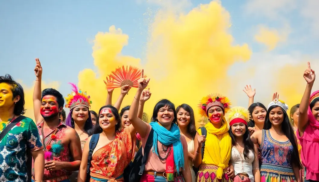 Diverse group of teenagers participating in colorful, lively cultural festivals globally.